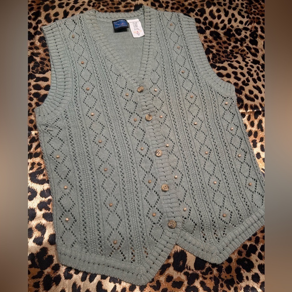 Jantzen Sage Green Knit Button-Up Vest - Picture 2 of 6